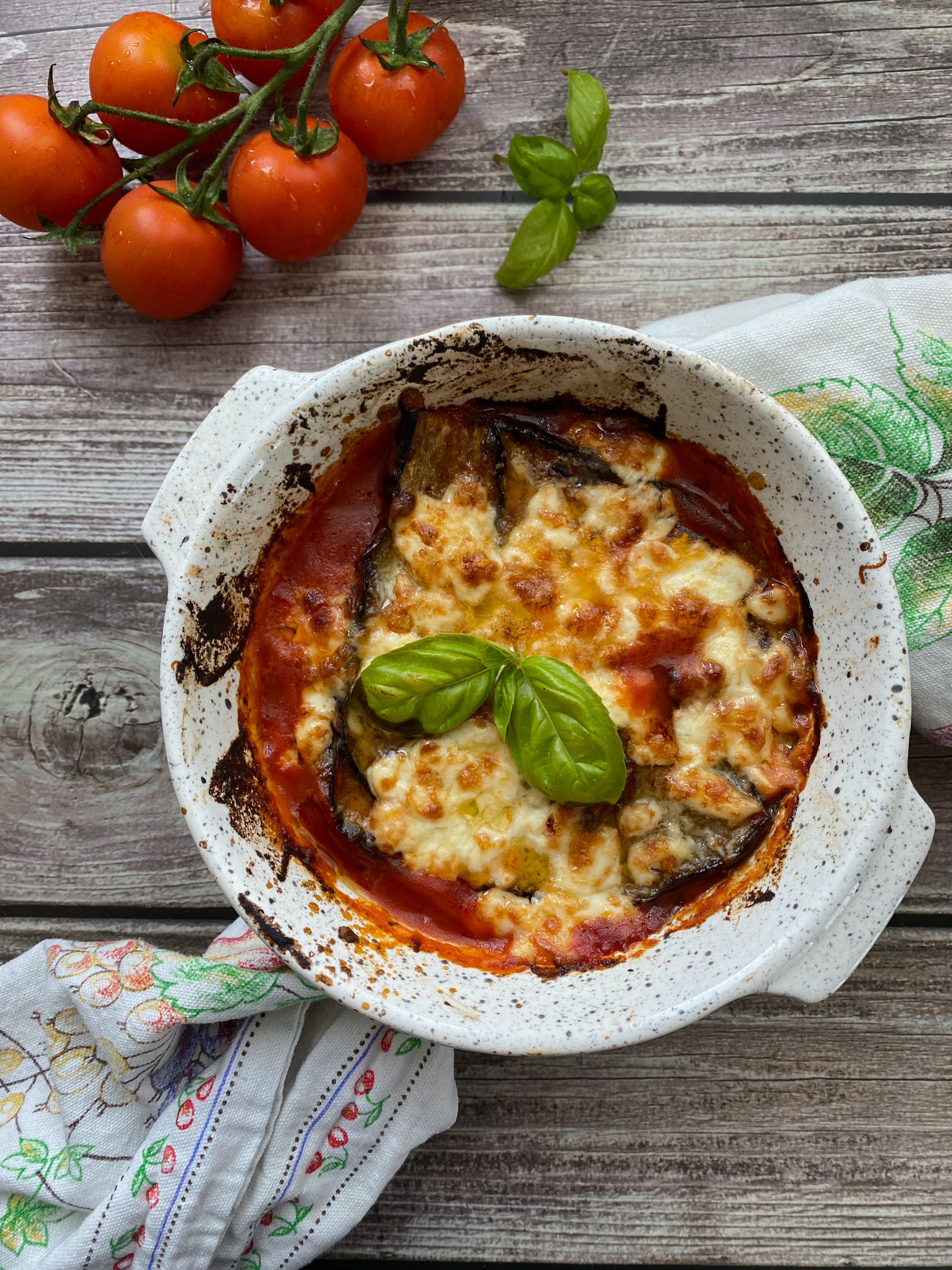 Eggplant baked and served in ceramic dish